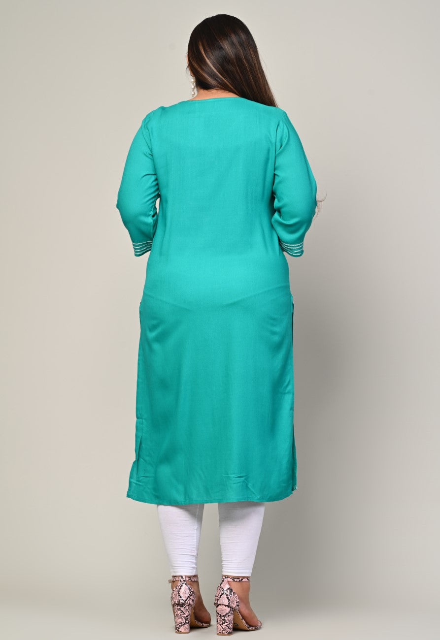 Plus Size Turquoise Cotton Blend  Embroidered Straight Kurta-246