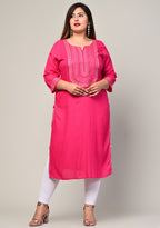 Plus Size Pink Cotton Blend Embroidered Straight Kurta-246