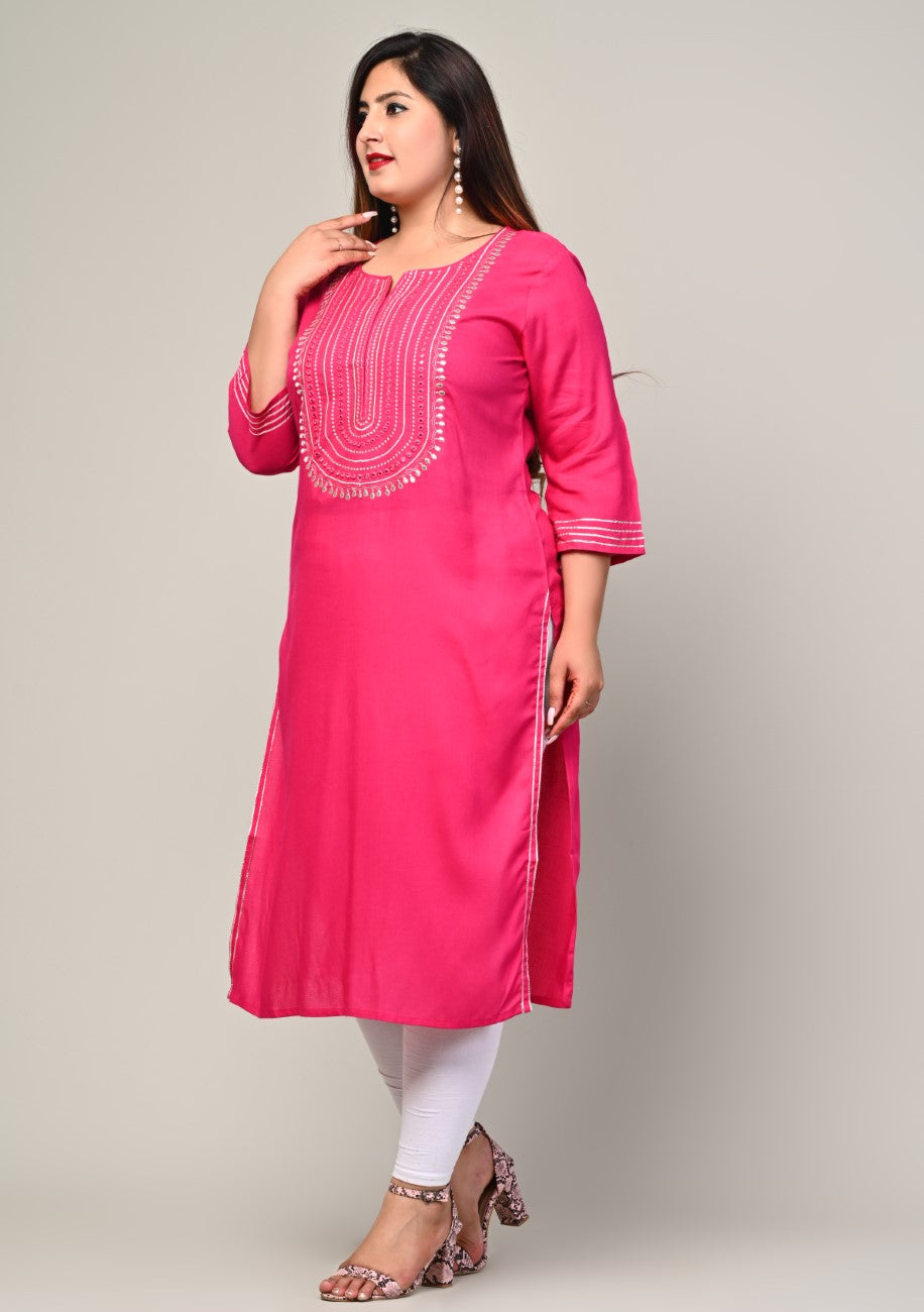 Plus Size Pink Cotton Blend Embroidered Straight Kurta-246