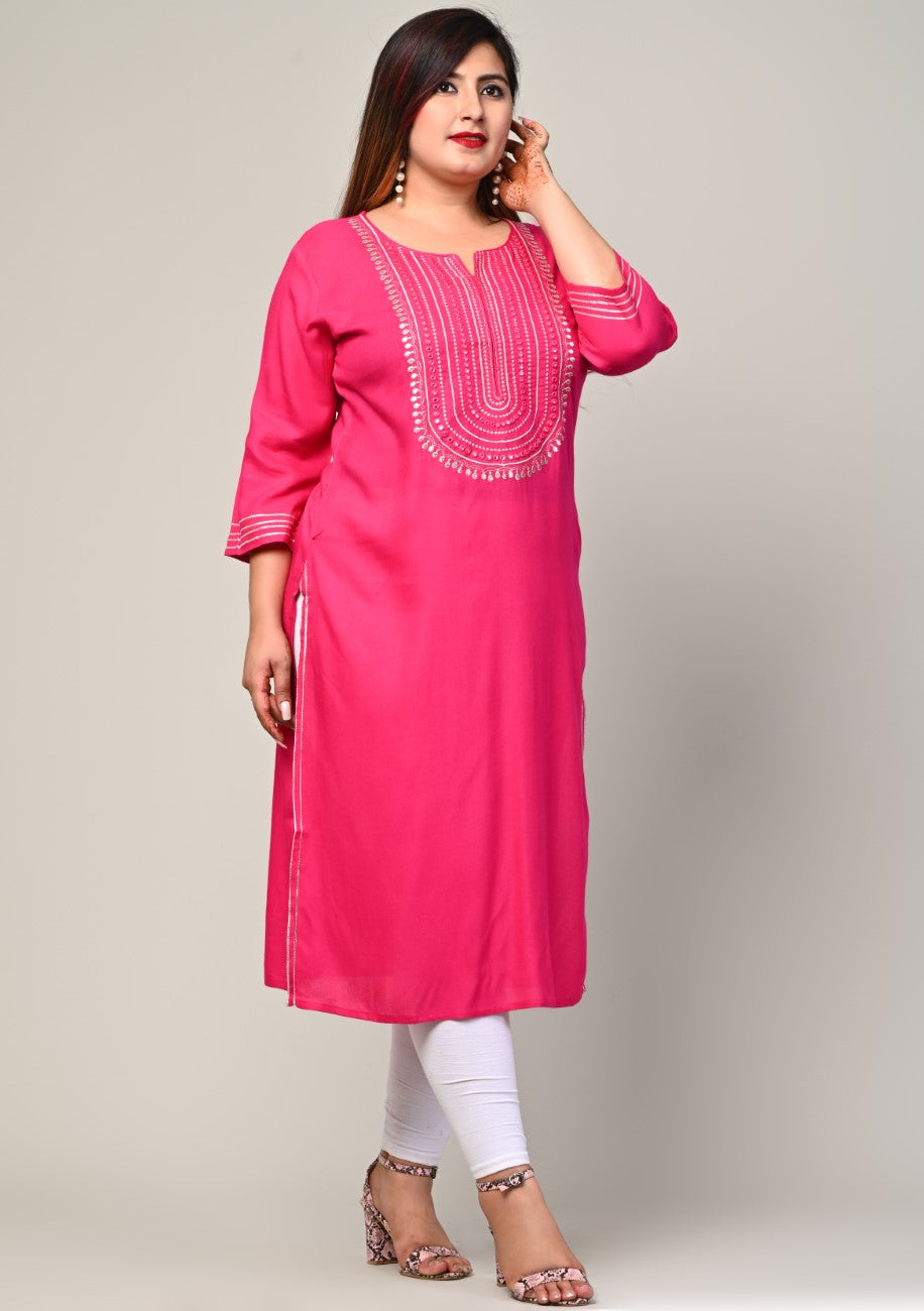 Plus Size Pink Cotton Blend Embroidered Straight Kurta-246 Secondary image
