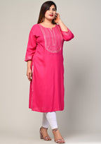 Plus Size Pink Cotton Blend Embroidered Straight Kurta-246