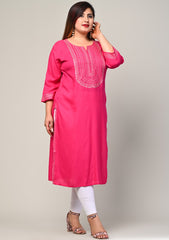 Plus Size Pink Cotton Blend Embroidered Straight Kurta-246