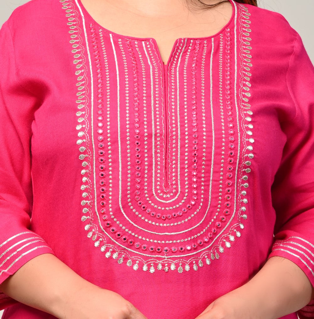 Plus Size Pink Cotton Blend Embroidered Straight Kurta-246