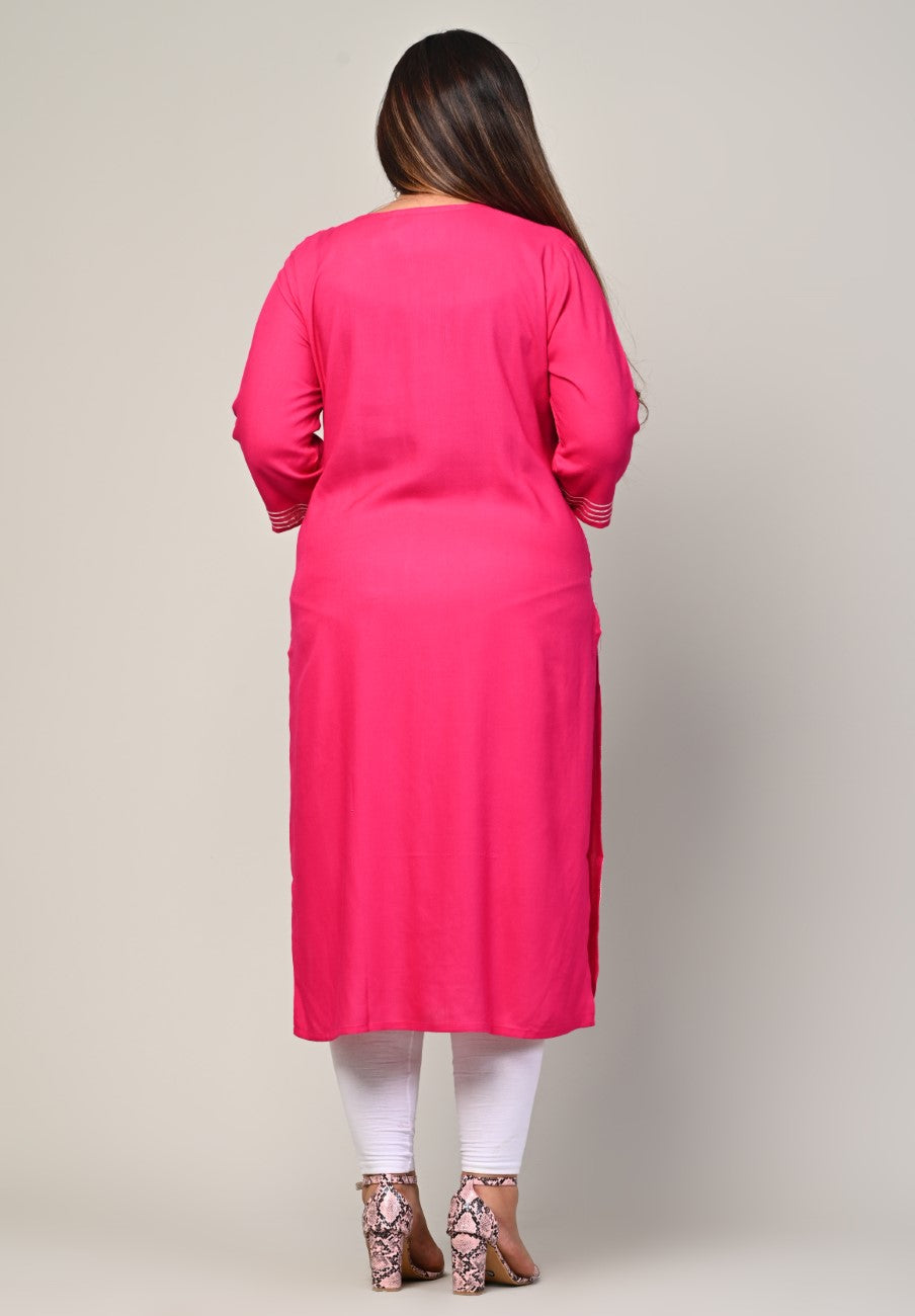 Plus Size Pink Cotton Blend Embroidered Straight Kurta-246