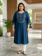 Plus Size Teal Blue Rayon Embroidered Straight Kurta-100246