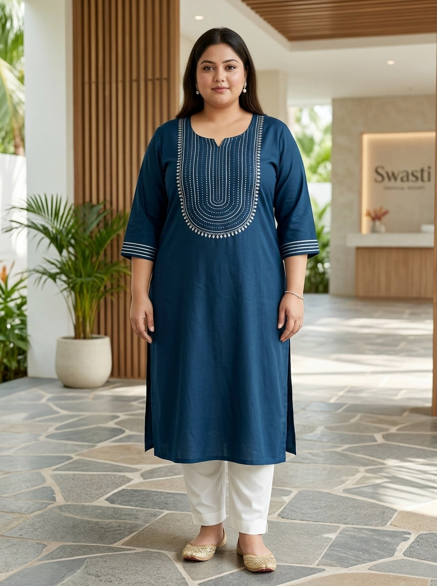 Plus Size Teal Blue Rayon Embroidered Straight Kurta-100246