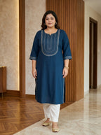Plus Size Teal Blue Rayon Embroidered Straight Kurta-100246