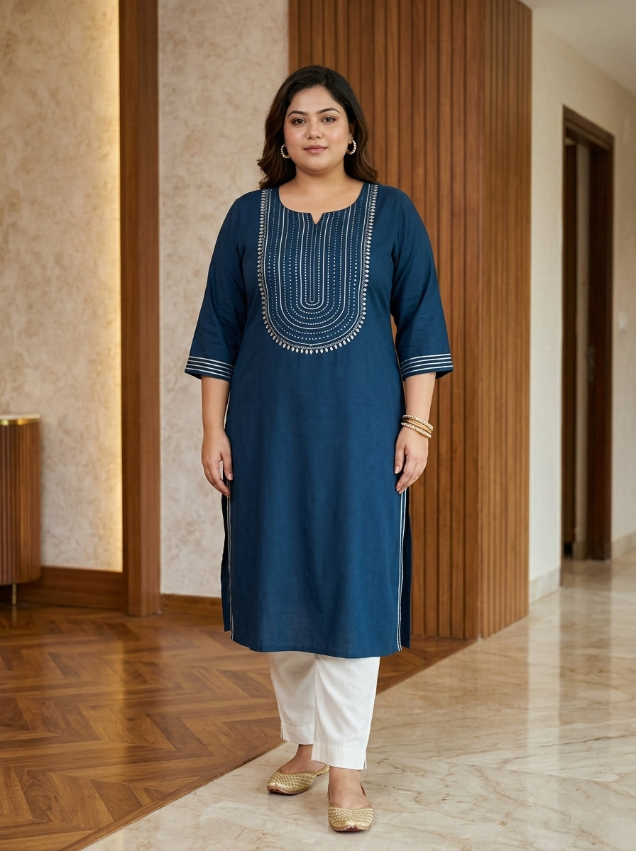 Plus Size Teal Blue Rayon Embroidered Straight Kurta-100246