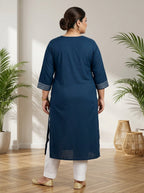 Plus Size Teal Blue Rayon Embroidered Straight Kurta-100246