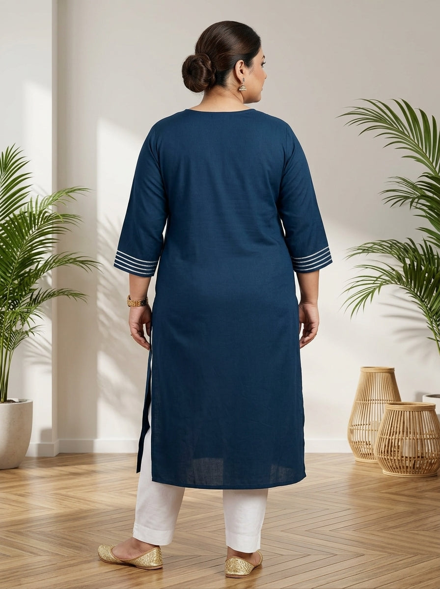 Plus Size Teal Blue Rayon Embroidered Straight Kurta-100246