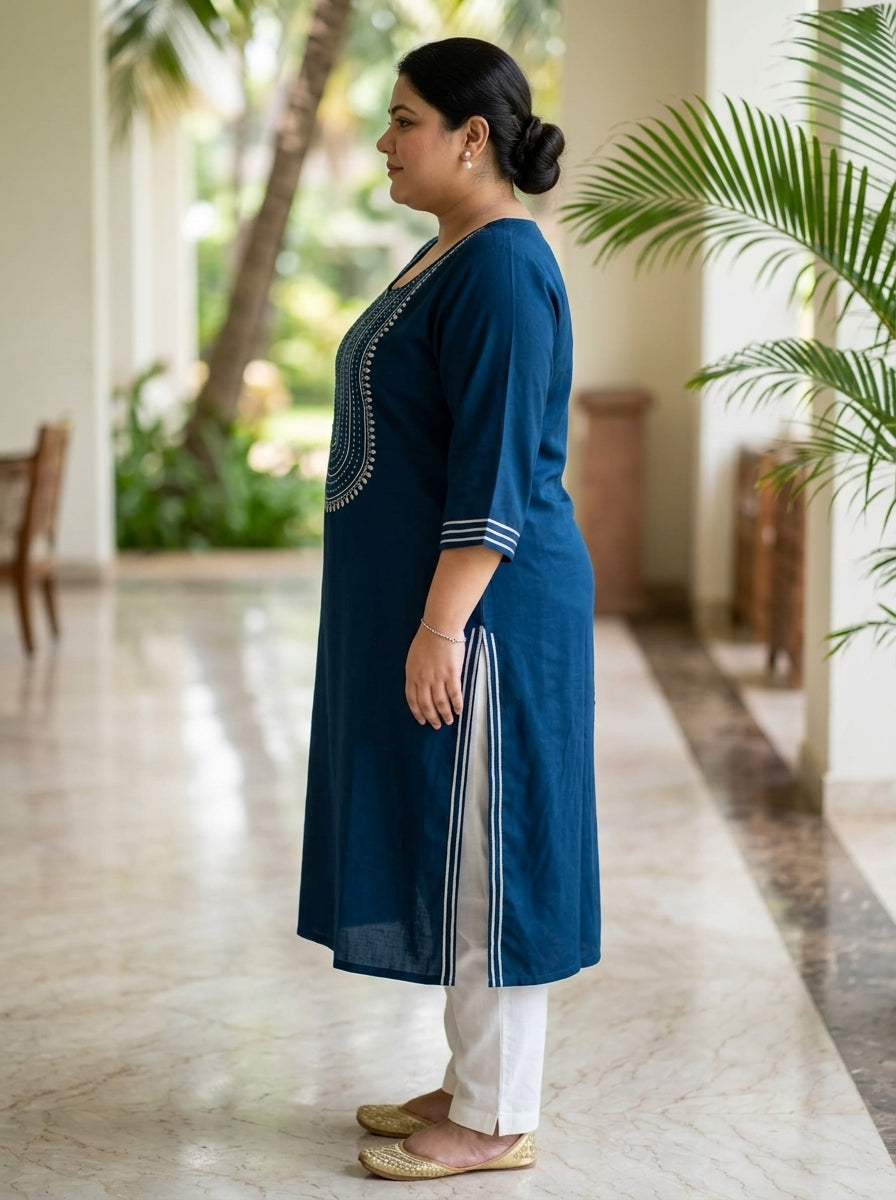 Plus Size Teal Blue Rayon Embroidered Straight Kurta-100246