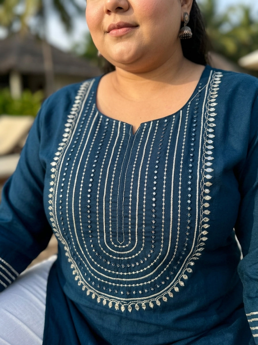 Plus Size Teal Blue Rayon Embroidered Straight Kurta-100246