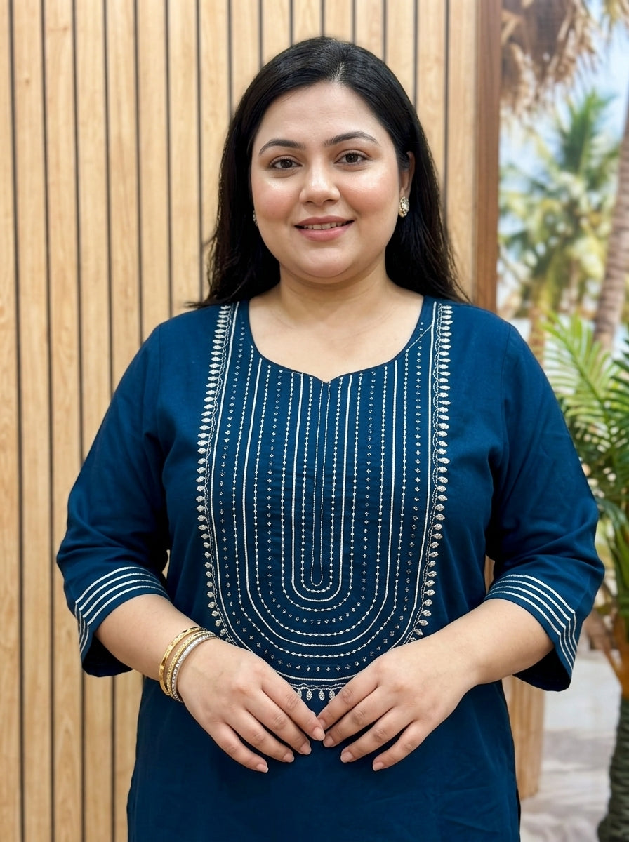 Plus Size Teal Blue Rayon Embroidered Straight Kurta-100246