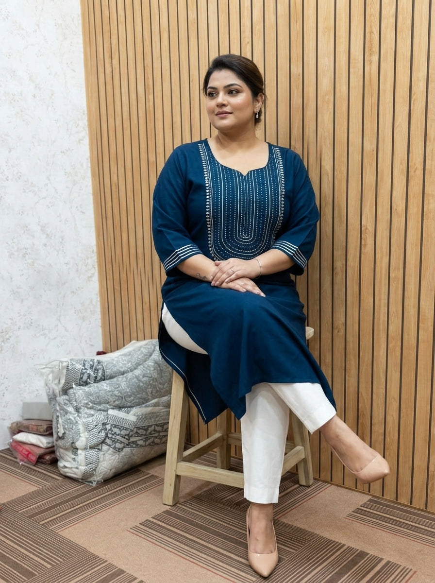 Plus Size Teal Blue Rayon Embroidered Straight Kurta-100246