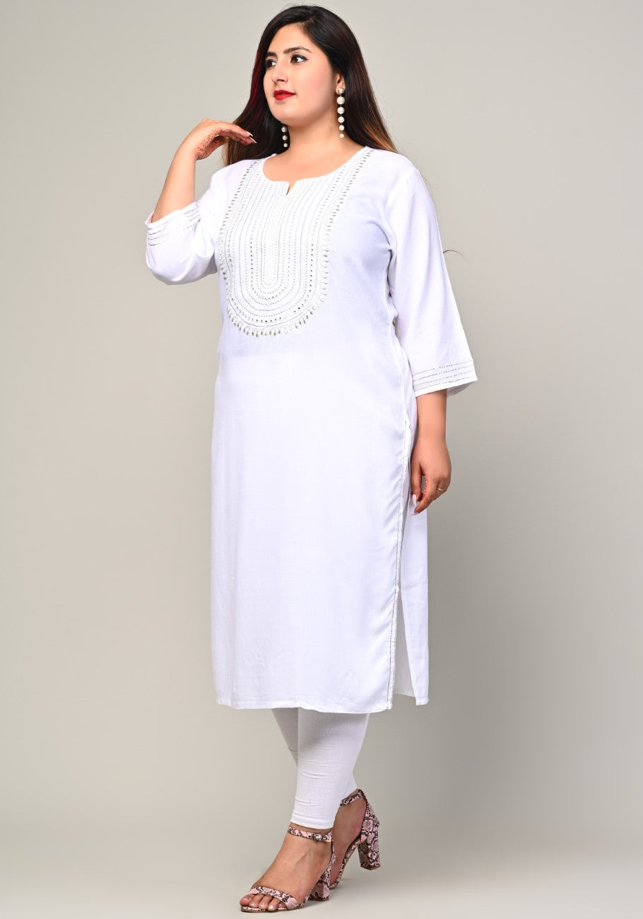 Plus Size White Cotton Blend Embroidered Straight Kurta-246