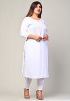 Plus Size White Cotton Blend Embroidered Straight Kurta-246