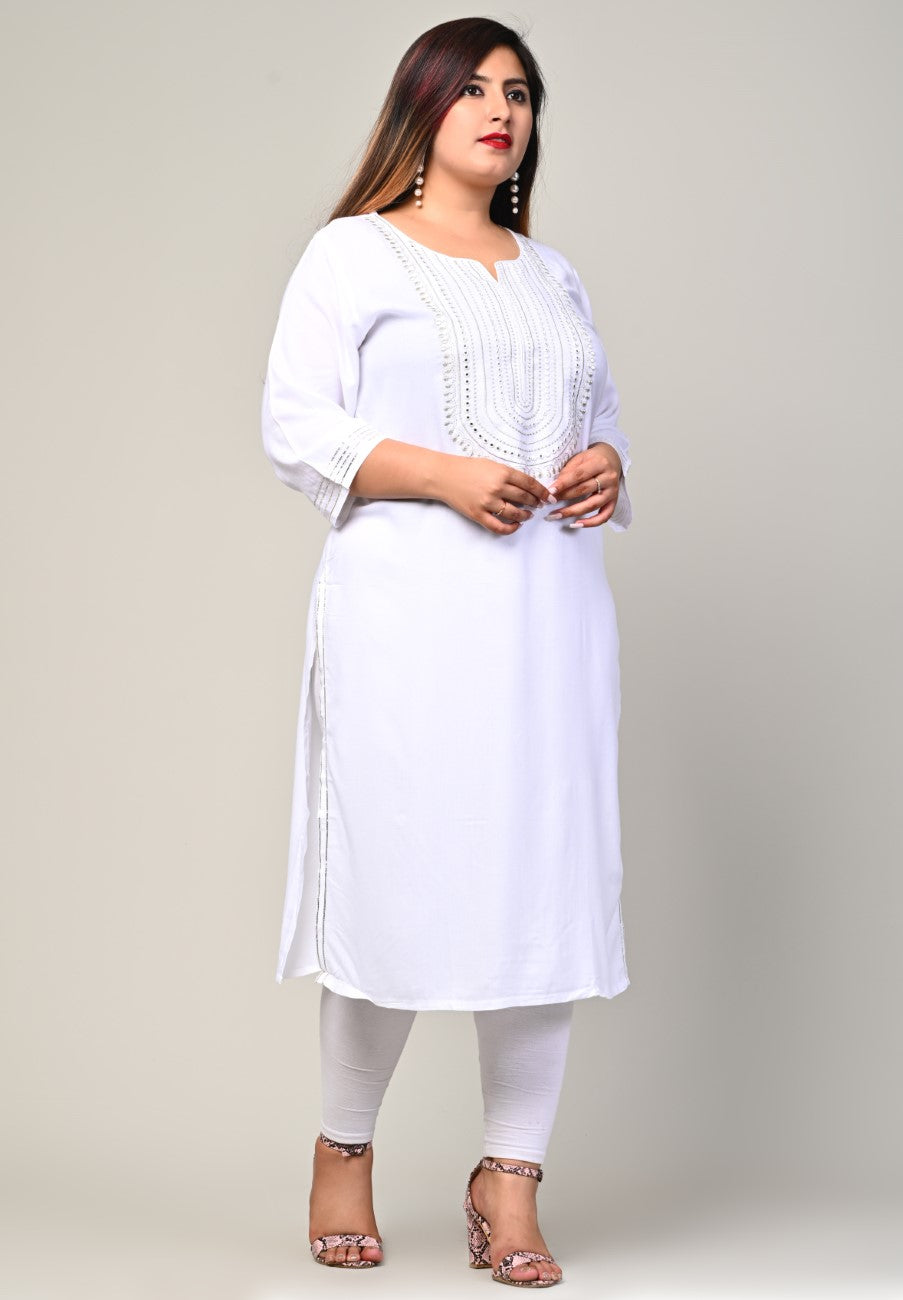 Plus Size White Cotton Blend Embroidered Straight Kurta-246
