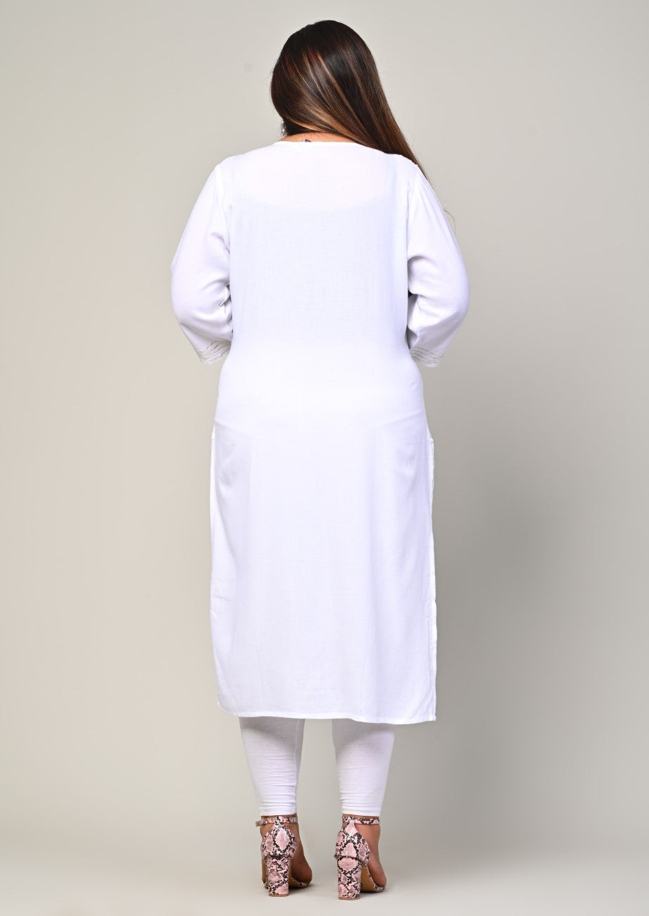 Plus Size White Cotton Blend Embroidered Straight Kurta-246 Secondary image