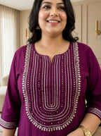 Plus Size Wine Rayon Embroidered Straight Kurta-100246
