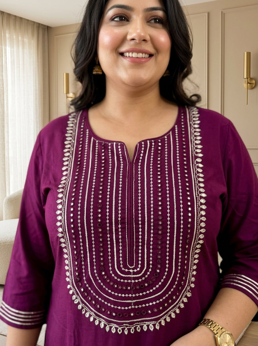Plus Size Wine Rayon Embroidered Straight Kurta-100246
