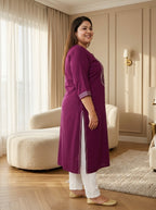 Plus Size Wine Rayon Embroidered Straight Kurta-100246