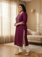 Plus Size Wine Rayon Embroidered Straight Kurta-100246