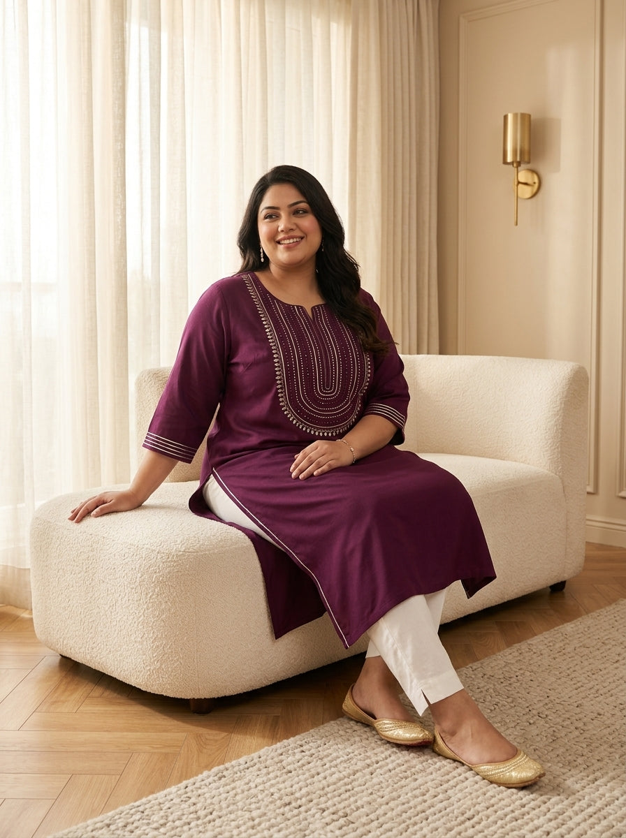 Plus Size Wine Rayon Embroidered Straight Kurta-100246