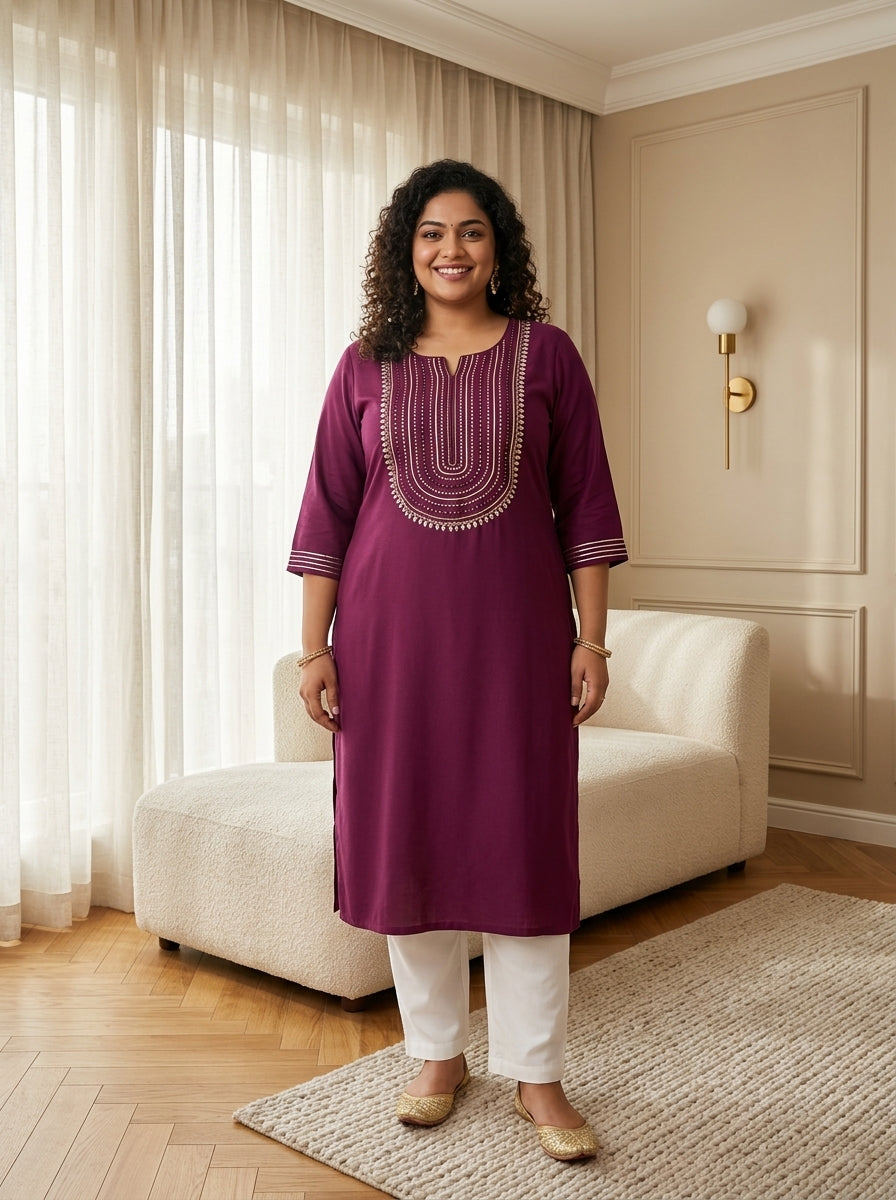 Plus Size Wine Rayon Embroidered Straight Kurta-100246