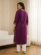 Plus Size Wine Rayon Embroidered Straight Kurta-100246