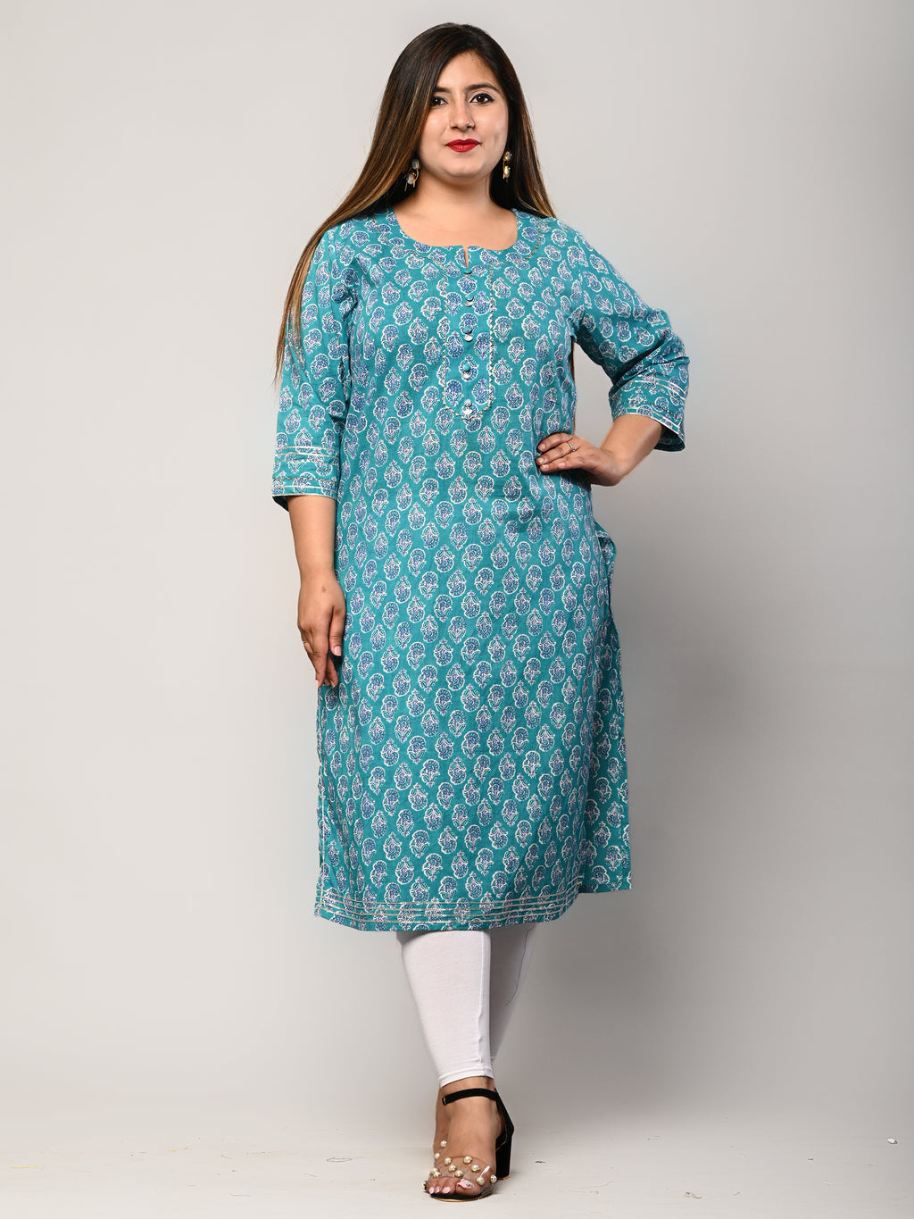 Plus Size Blue Cotton Floral Print Straight Kurta-100291
