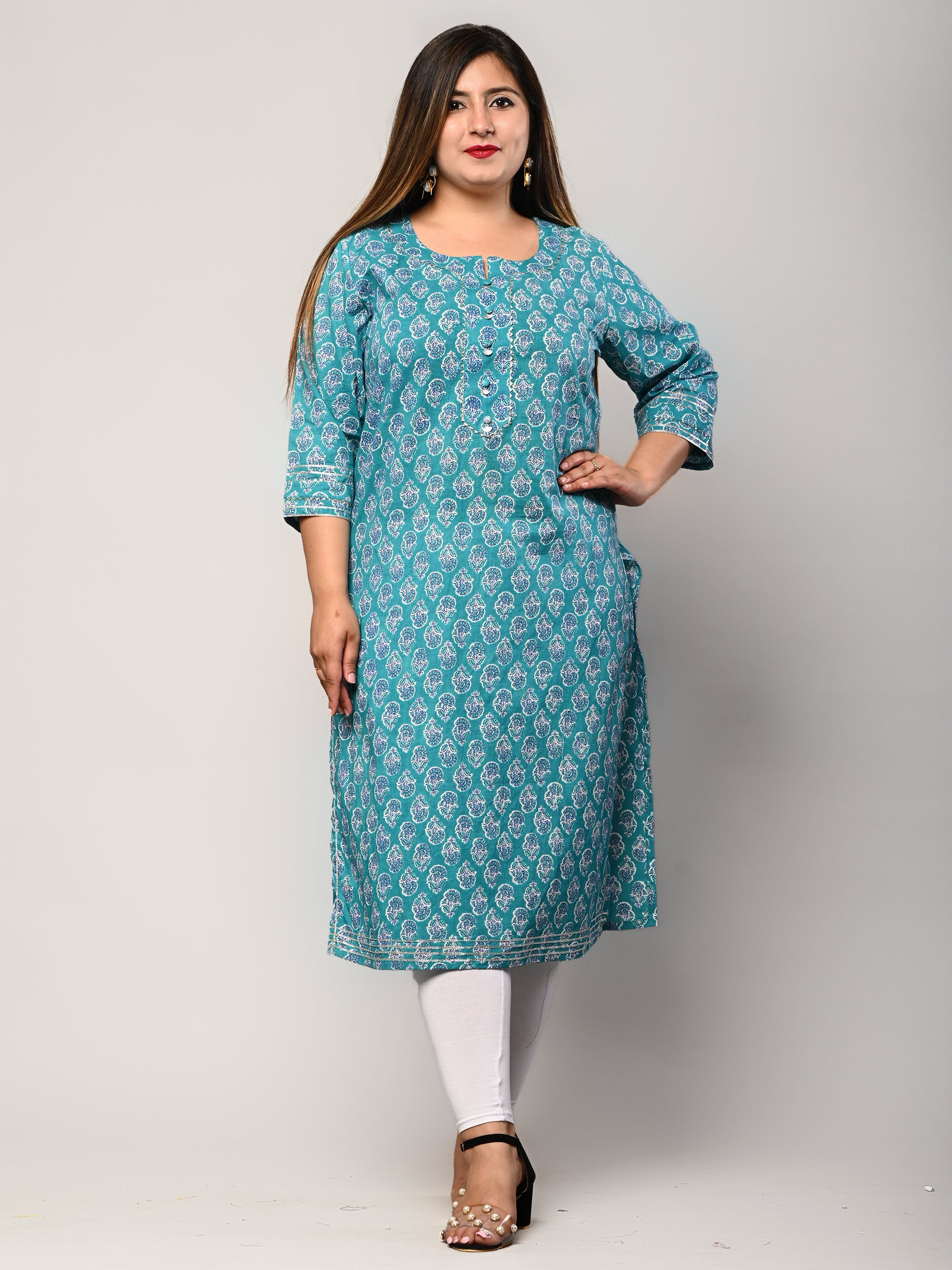 Plus Size Blue Cotton Floral Print Straight Kurta-100291