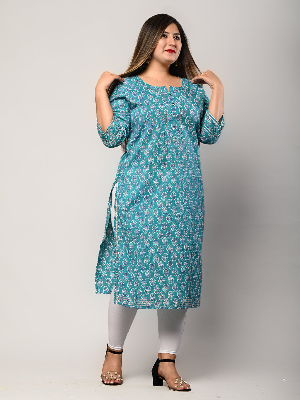 Plus Size Blue Cotton Floral Print Straight Kurta-100291