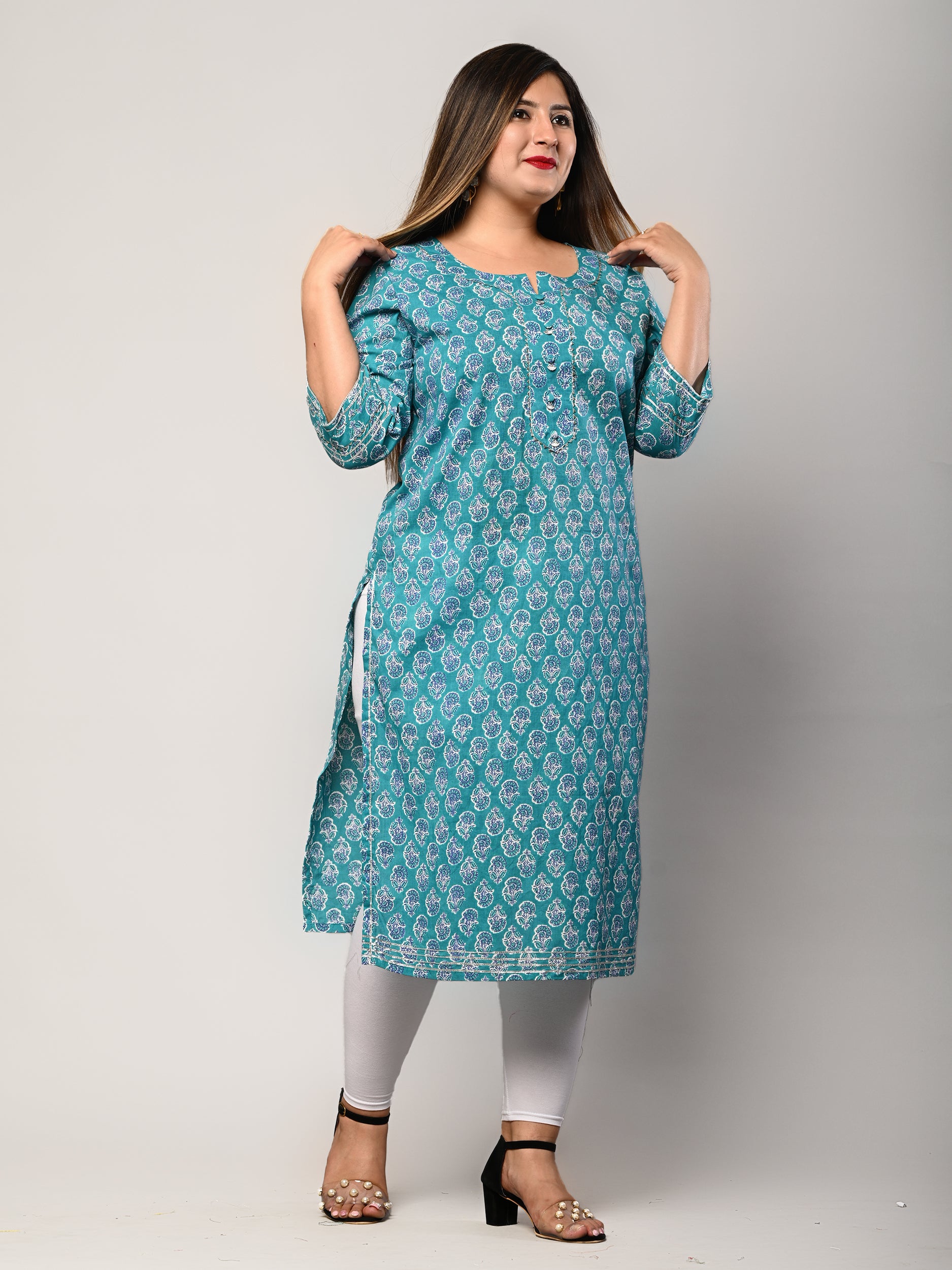 Plus Size Blue Cotton Floral Print Straight Kurta-100291