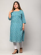 Plus Size Blue Cotton Floral Print Straight Kurta-100291