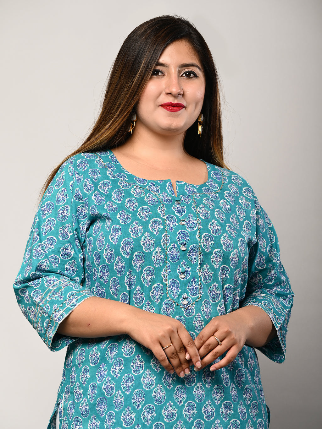 Plus Size Blue Cotton Floral Print Straight Kurta-100291
