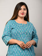 Plus Size Blue Cotton Floral Print Straight Kurta-100291