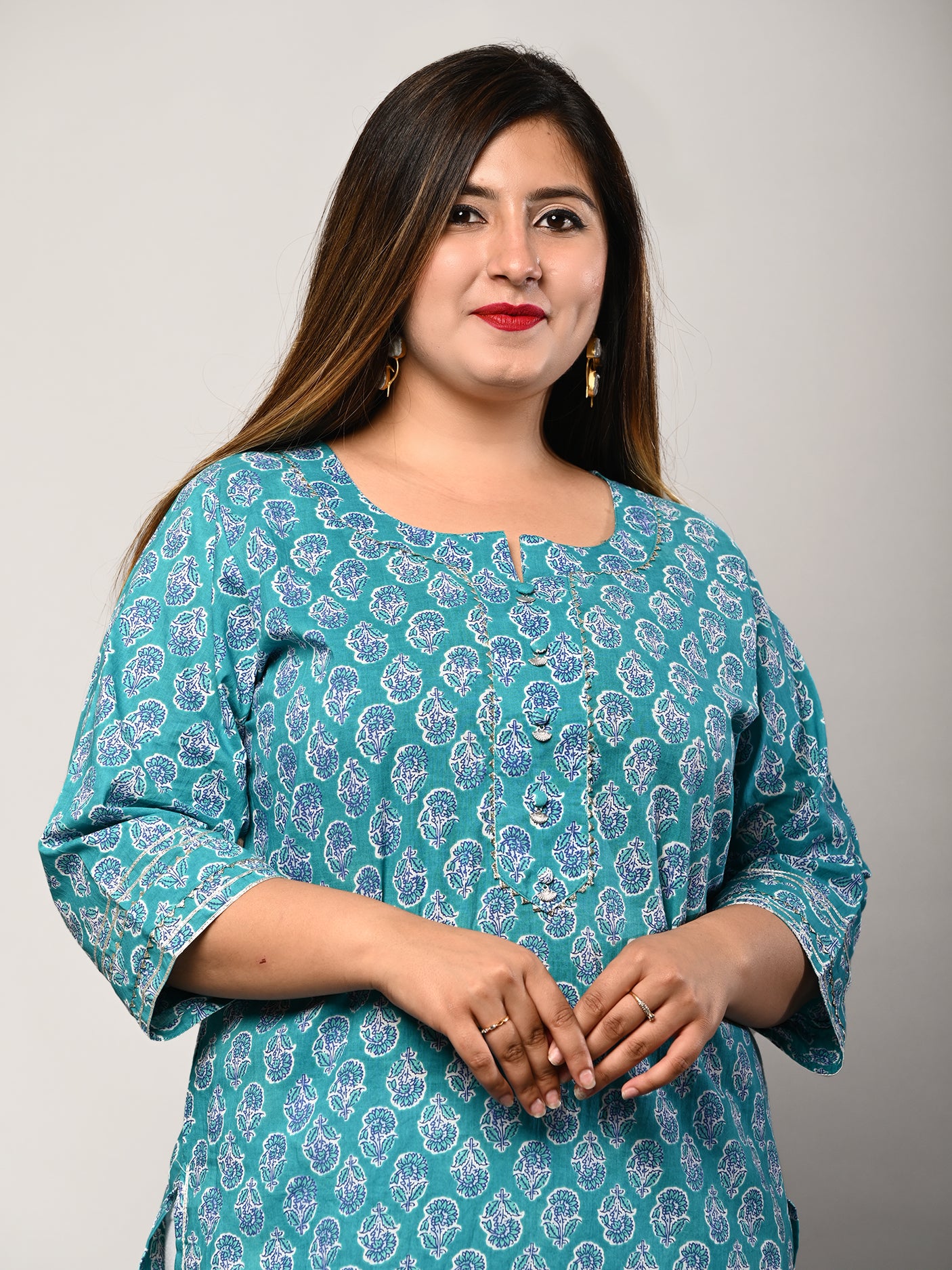 Plus Size Blue Cotton Floral Print Straight Kurta-100291