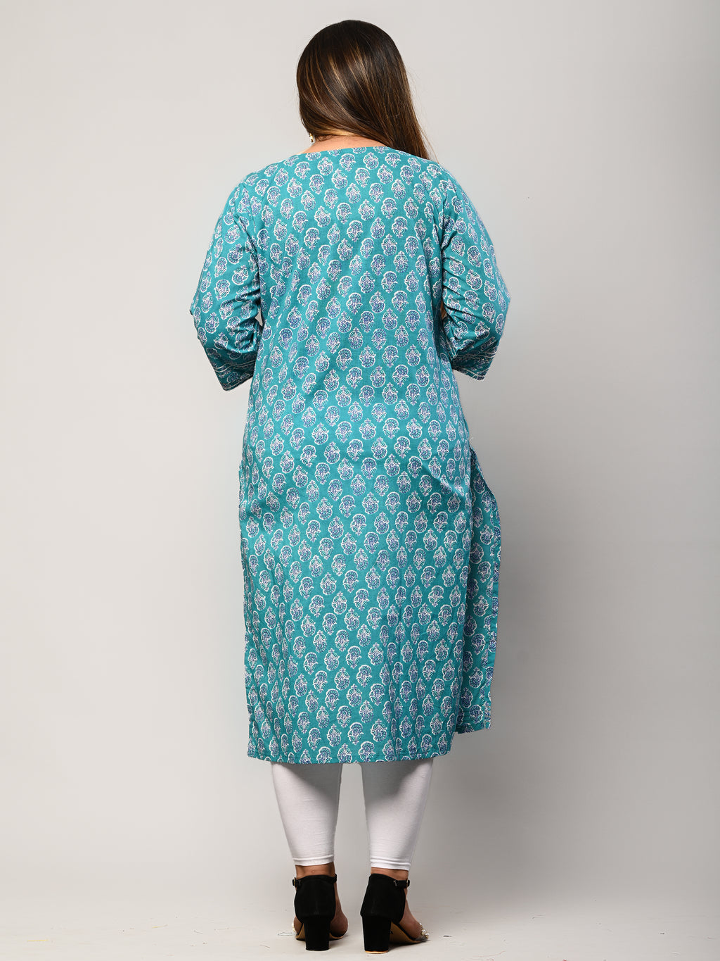 Plus Size Blue Cotton Floral Print Straight Kurta-100291