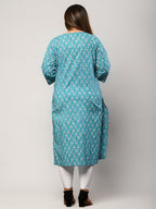 Plus Size Blue Cotton Floral Print Straight Kurta-100291