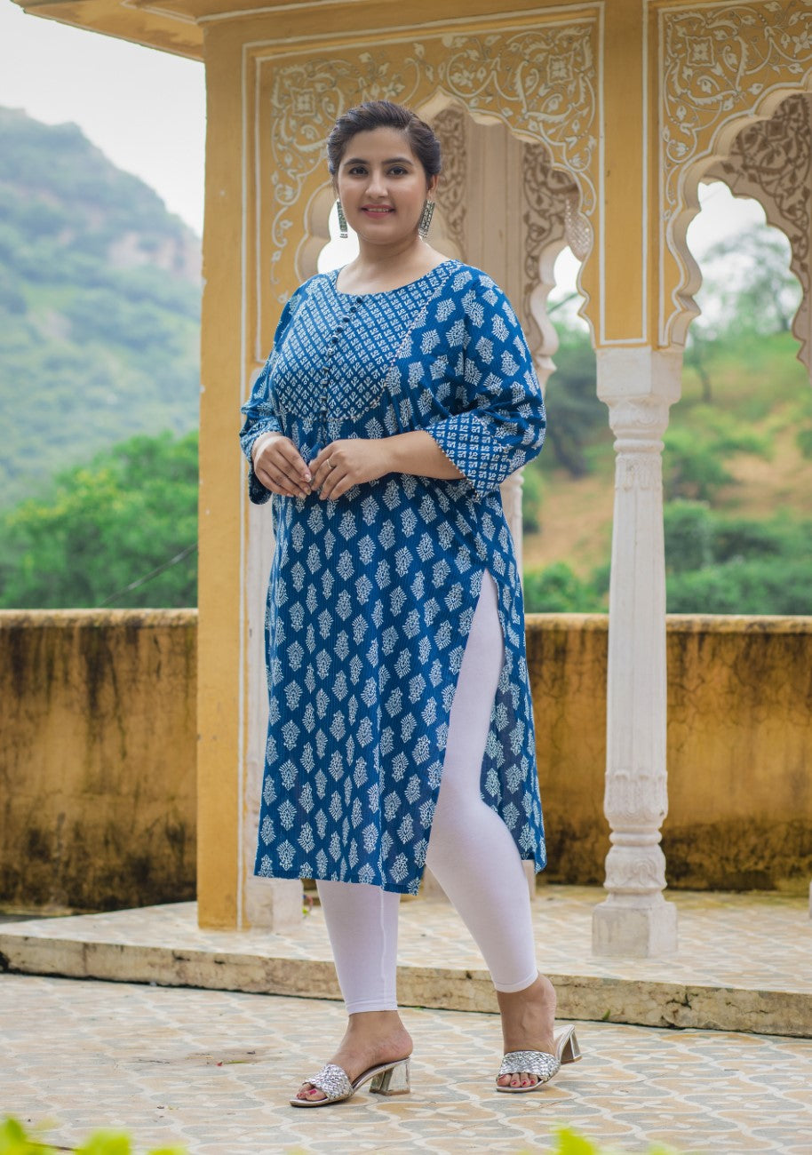 Plus Size Blue Cotton Block Print Straight Kurta-308