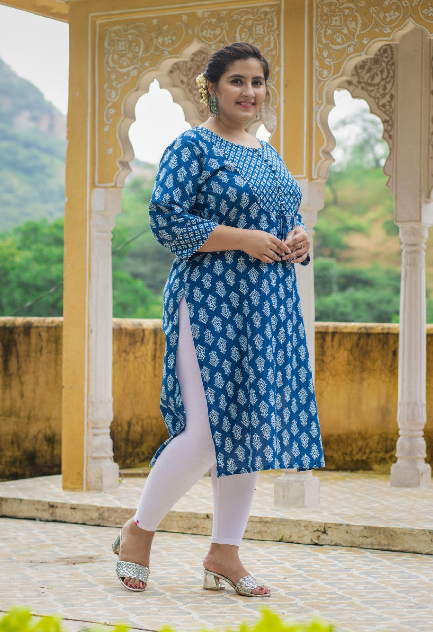 Plus Size Blue Cotton Block Print Straight Kurta-308