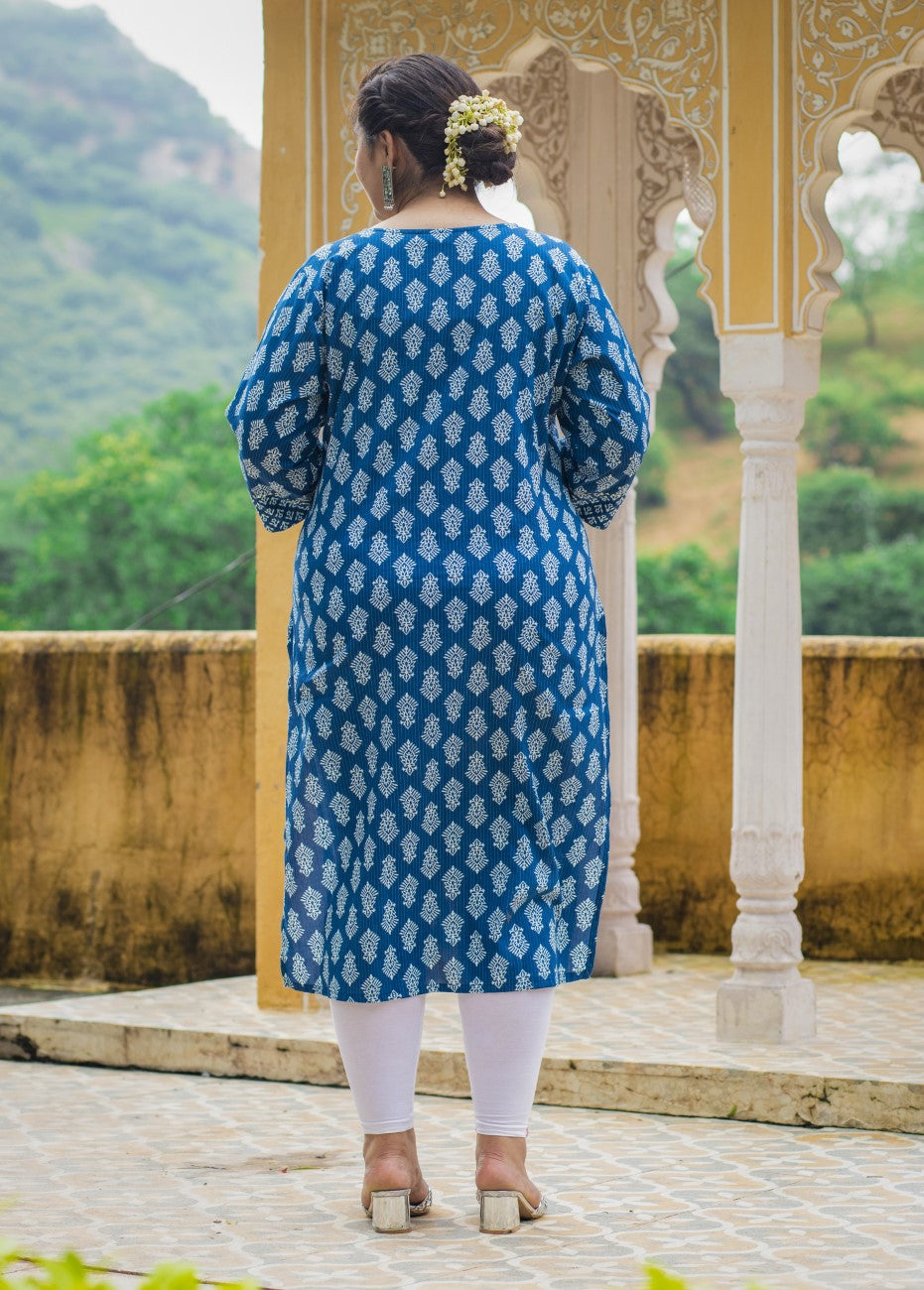 Plus Size Blue Cotton Block Print Straight Kurta-308