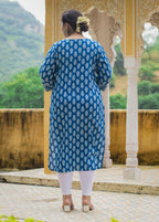 Plus Size Blue Cotton Block Print Straight Kurta-308