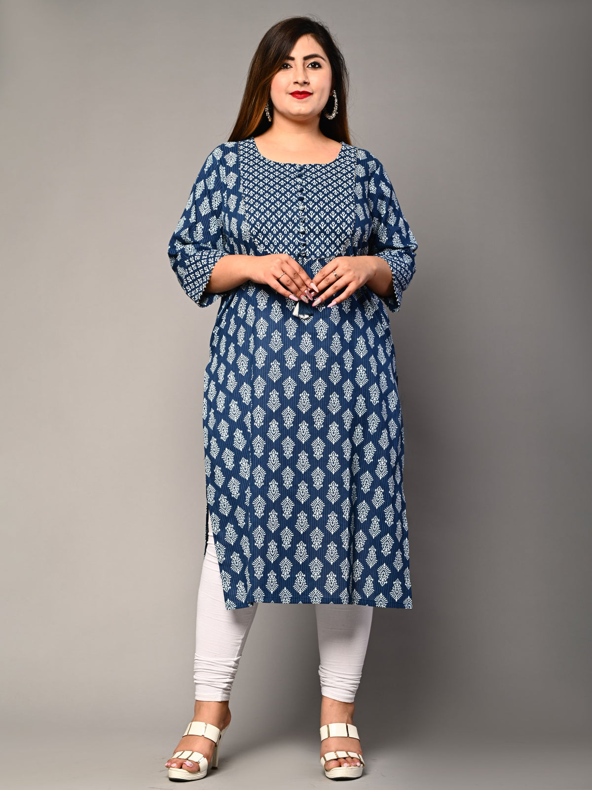 Plus Size Blue Cotton Block Print Straight Kurta-308