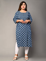 Plus Size Blue Cotton Block Print Straight Kurta-308