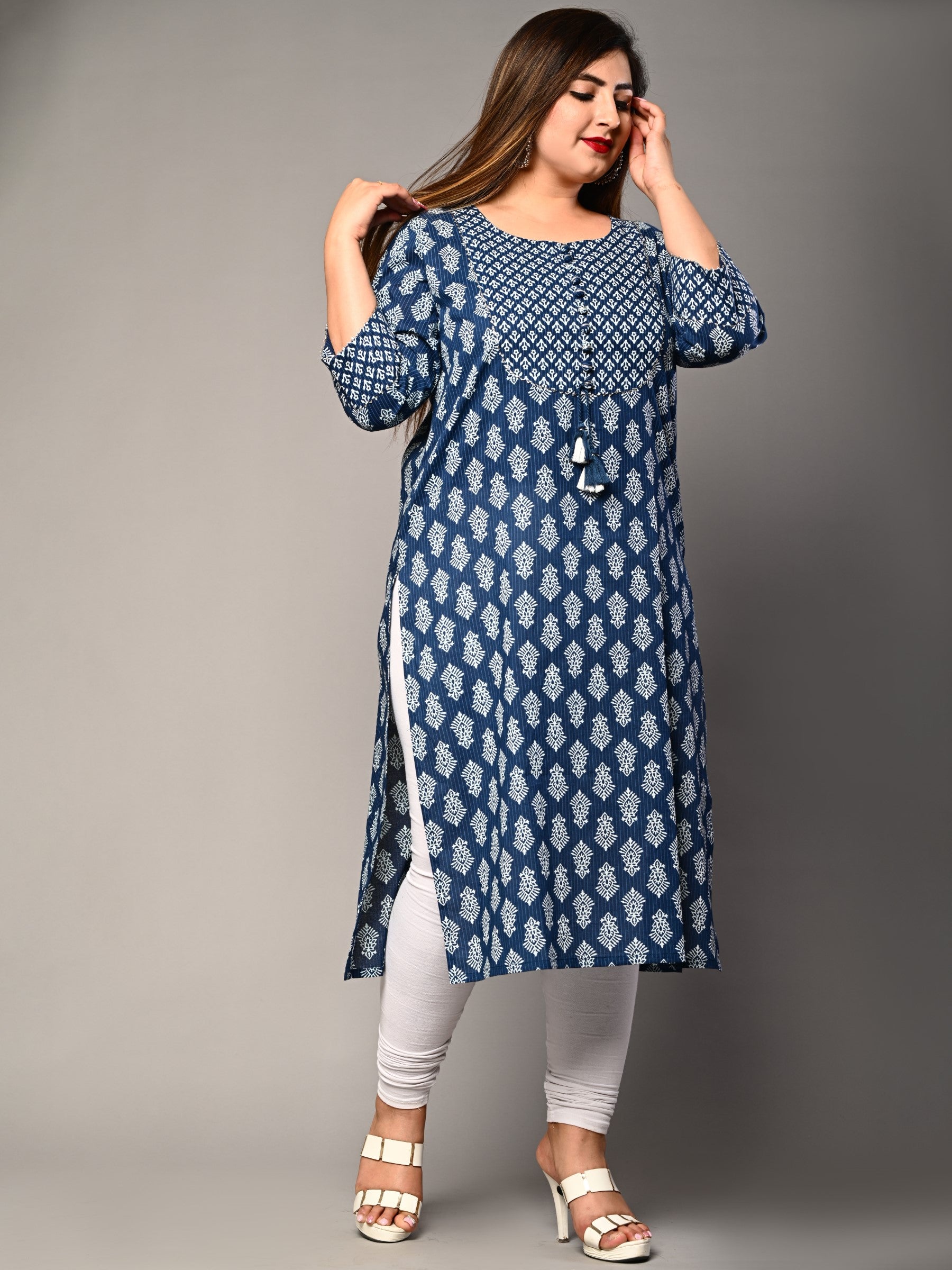 Plus Size Blue Cotton Block Print Straight Kurta-308