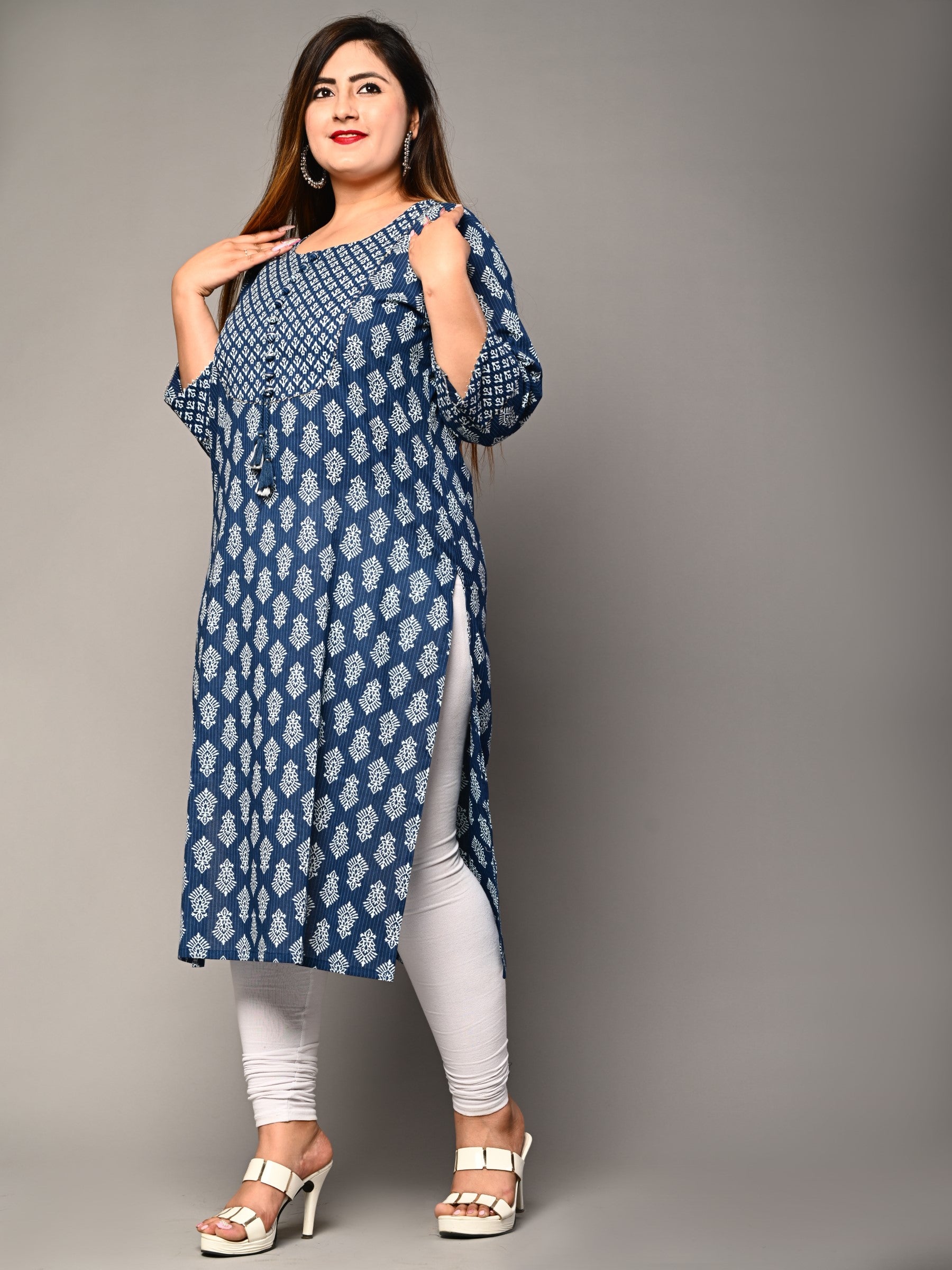 Plus Size Blue Cotton Block Print Straight Kurta-308