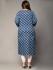 Plus Size Blue Cotton Block Print Straight Kurta-308