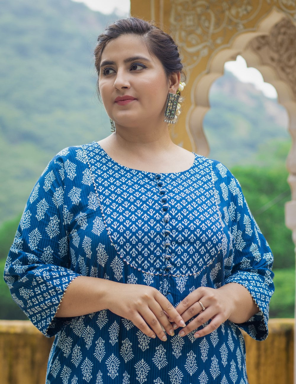 Plus Size Blue Cotton Block Print Straight Kurta-308