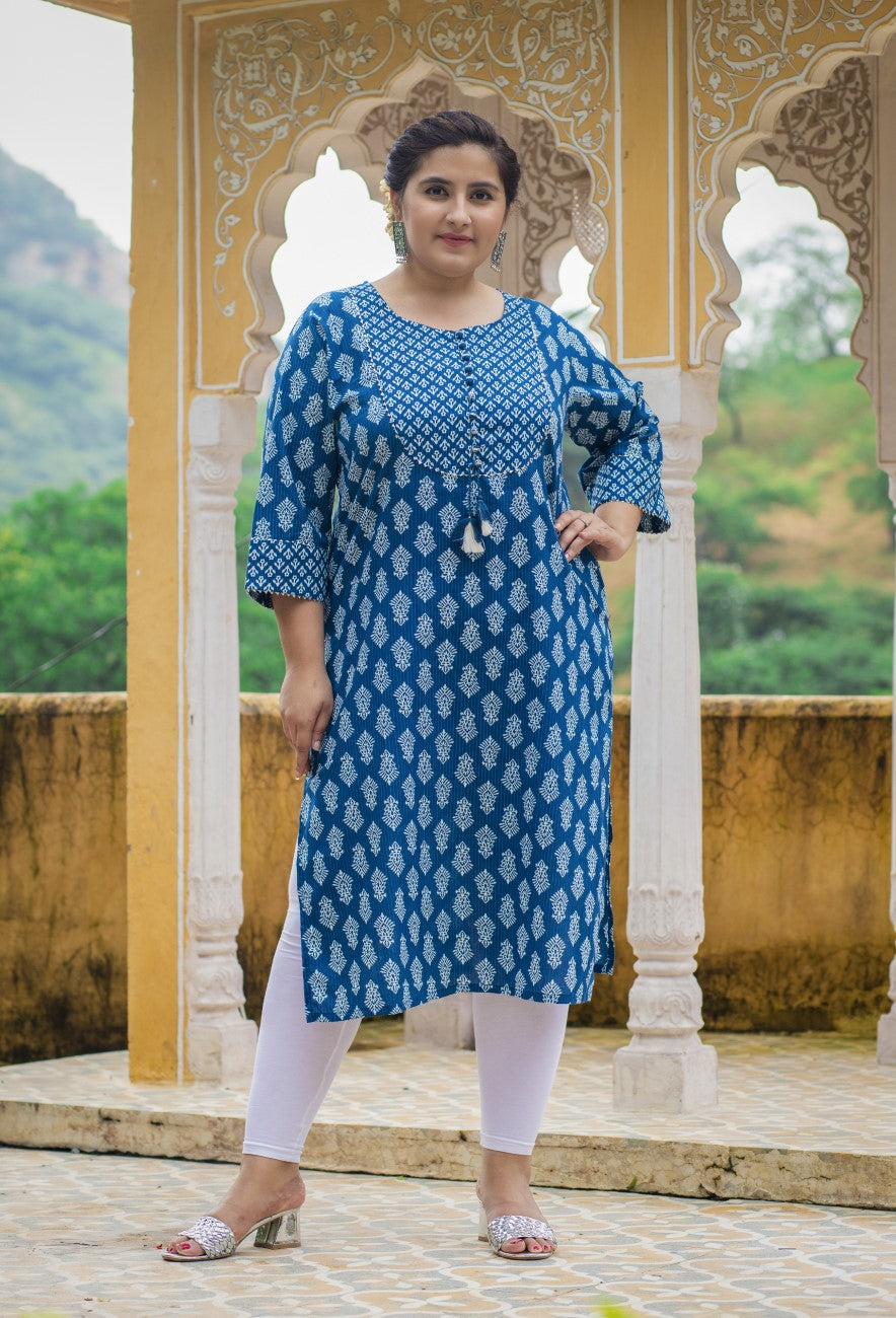 Plus Size Blue Cotton Block Print Straight Kurta-308